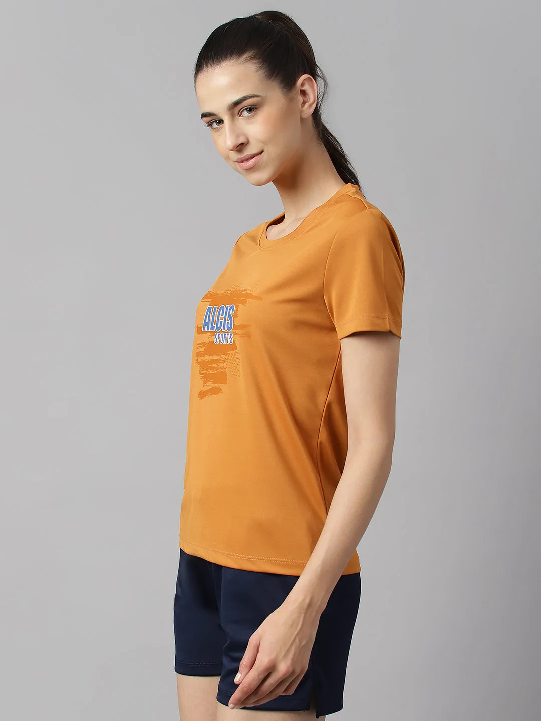 Alcis Women Printed Pumpkin Spice Anti-Static Slim-Fit Round Neck Training T-Shirt