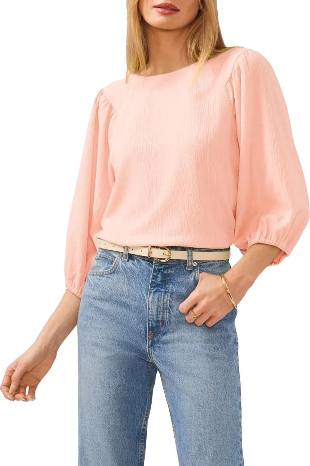 Allimy Women's Puff 3/4 Length Sleeve Dressy Casual Textured Tops and Blouses Dress Shirts