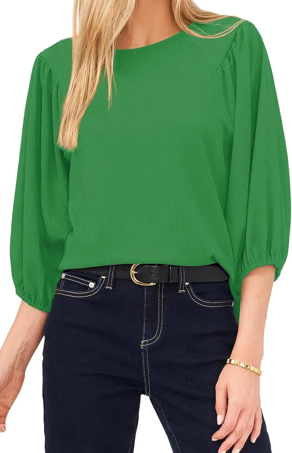 Allimy Women's Puff 3/4 Length Sleeve Dressy Casual Textured Tops and Blouses Dress Shirts