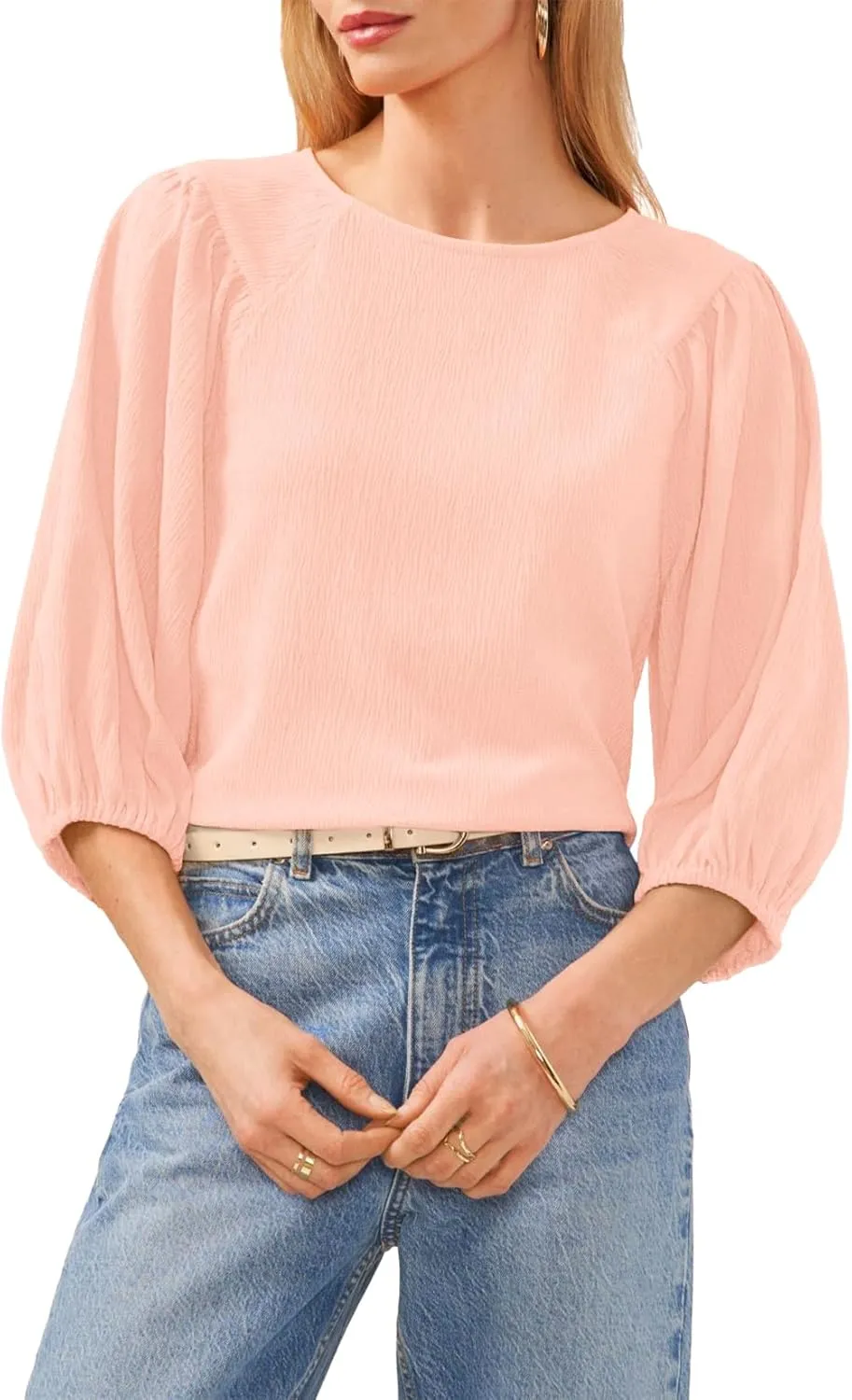 Allimy Women's Puff 3/4 Length Sleeve Dressy Casual Textured Tops and Blouses Dress Shirts
