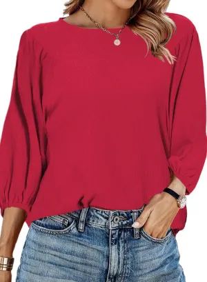 Allimy Women's Puff 3/4 Length Sleeve Dressy Casual Textured Tops and Blouses Dress Shirts