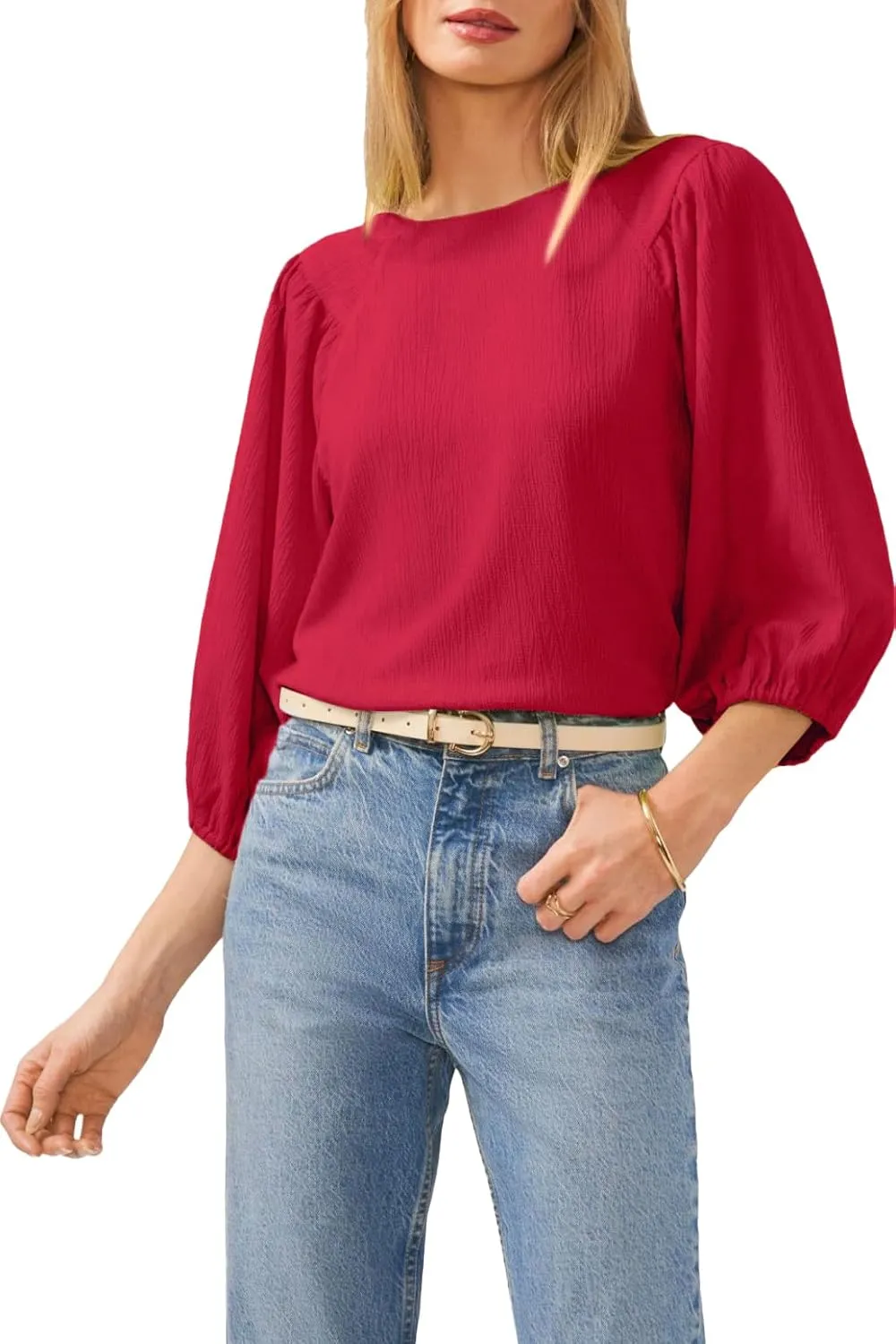 Allimy Women's Puff 3/4 Length Sleeve Dressy Casual Textured Tops and Blouses Dress Shirts