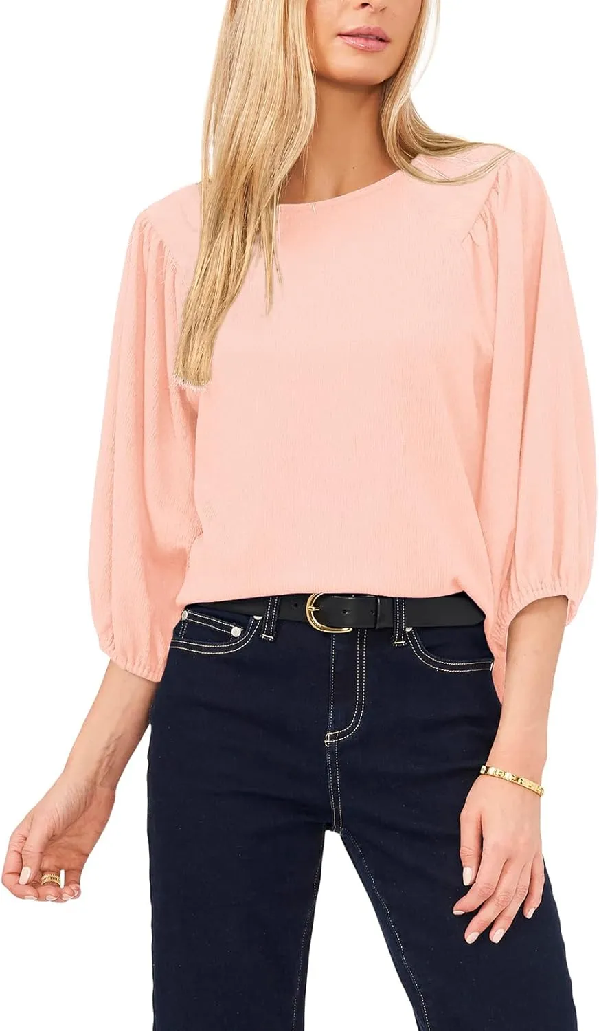 Allimy Women's Puff 3/4 Length Sleeve Dressy Casual Textured Tops and Blouses Dress Shirts