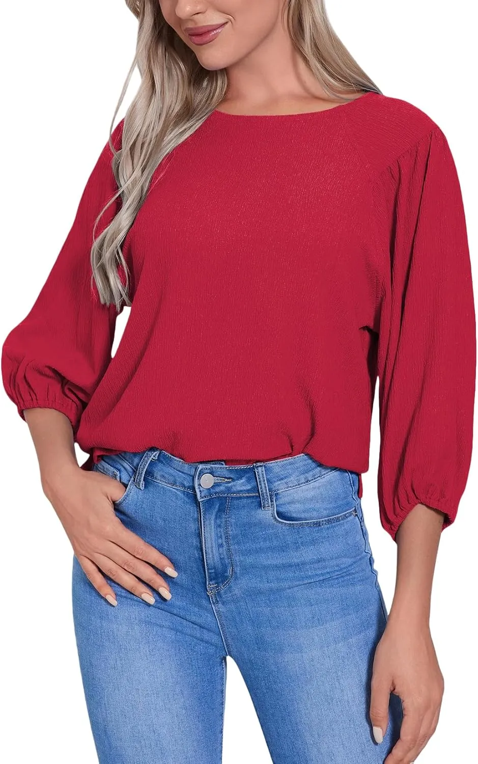 Allimy Women's Puff 3/4 Length Sleeve Dressy Casual Textured Tops and Blouses Dress Shirts