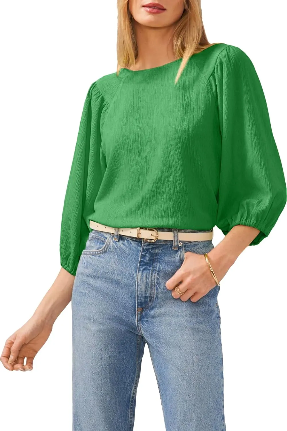 Allimy Women's Puff 3/4 Length Sleeve Dressy Casual Textured Tops and Blouses Dress Shirts