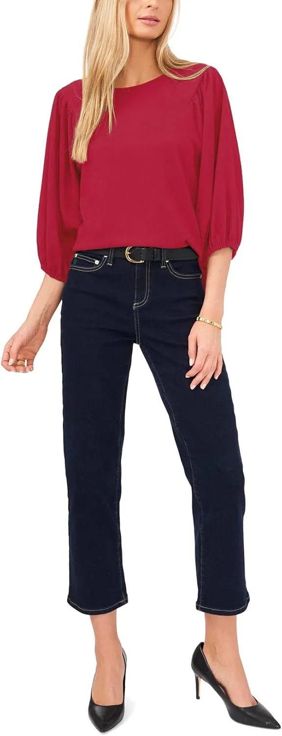 Allimy Women's Puff 3/4 Length Sleeve Dressy Casual Textured Tops and Blouses Dress Shirts