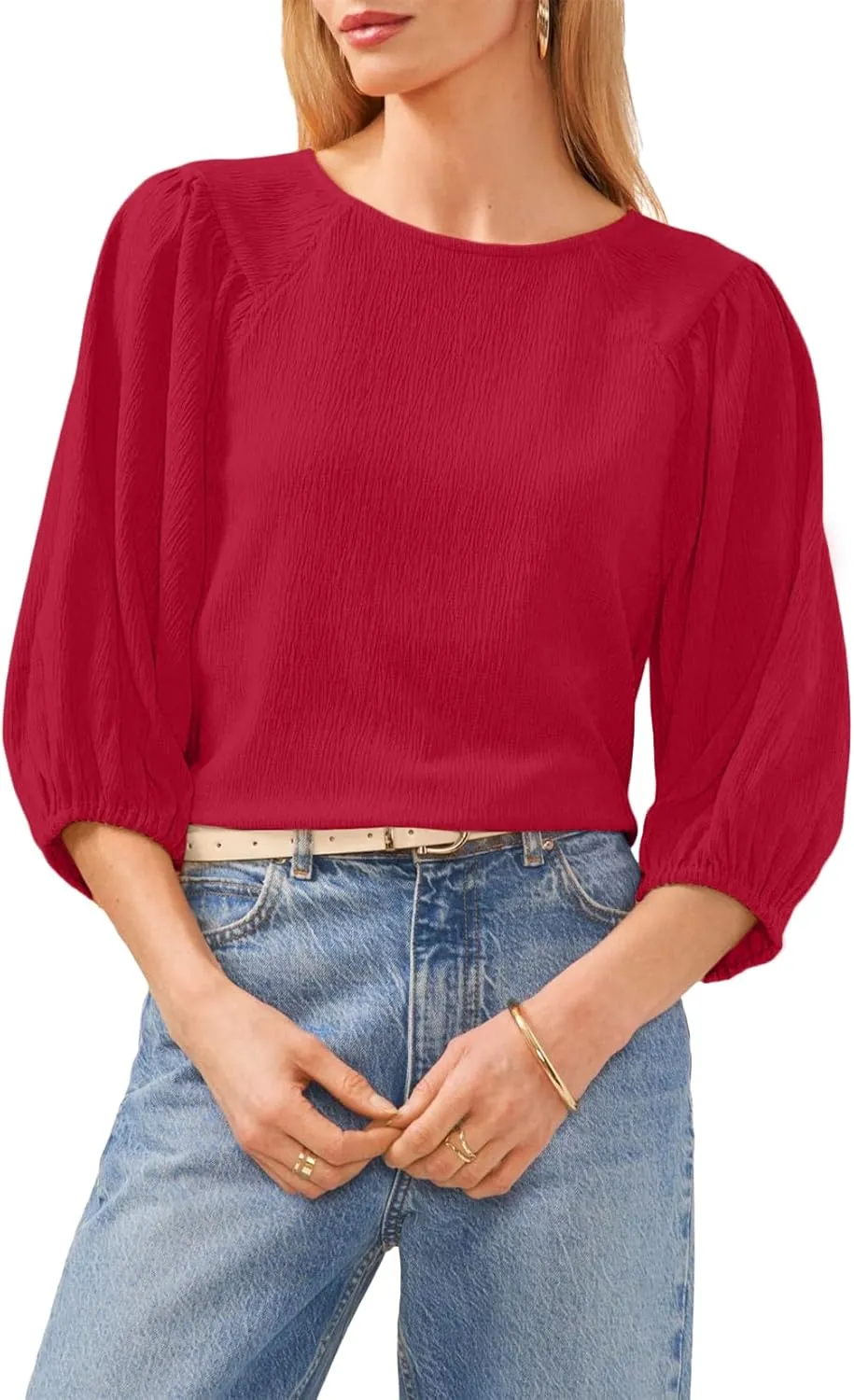 Allimy Women's Puff 3/4 Length Sleeve Dressy Casual Textured Tops and Blouses Dress Shirts
