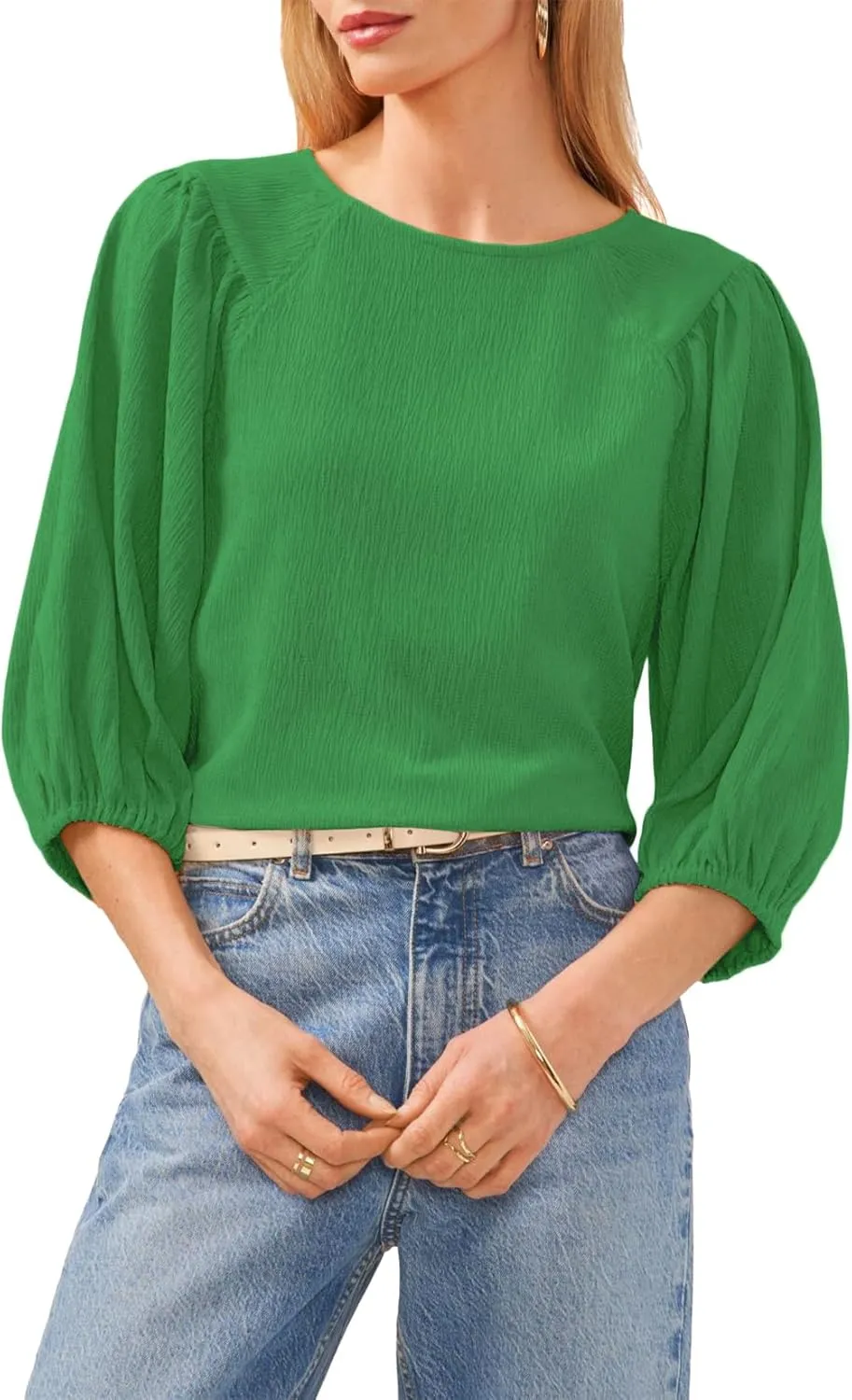 Allimy Women's Puff 3/4 Length Sleeve Dressy Casual Textured Tops and Blouses Dress Shirts