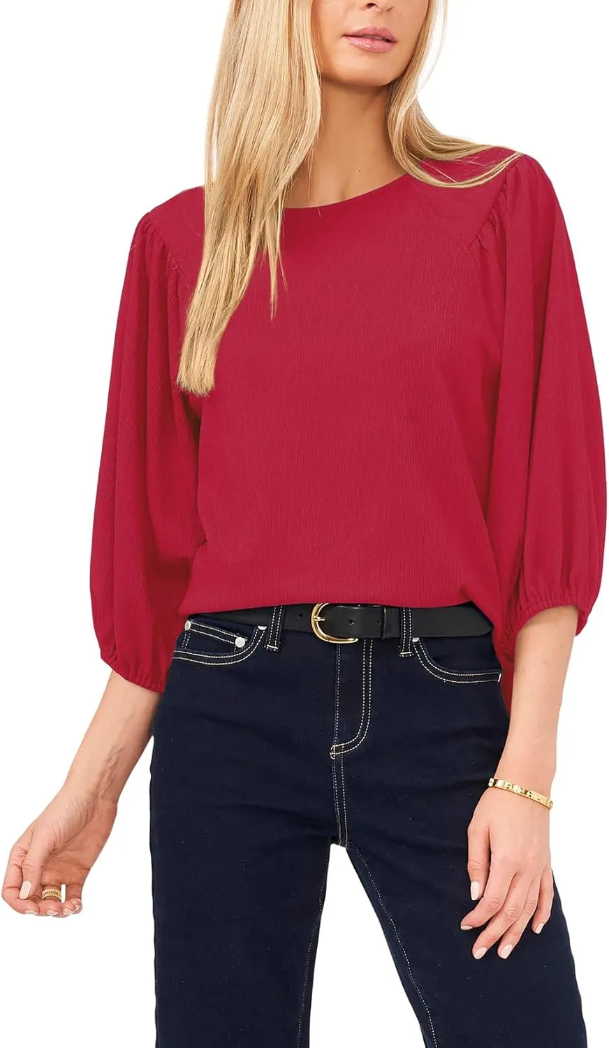 Allimy Women's Puff 3/4 Length Sleeve Dressy Casual Textured Tops and Blouses Dress Shirts