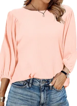 Allimy Women's Puff 3/4 Length Sleeve Dressy Casual Textured Tops and Blouses Dress Shirts