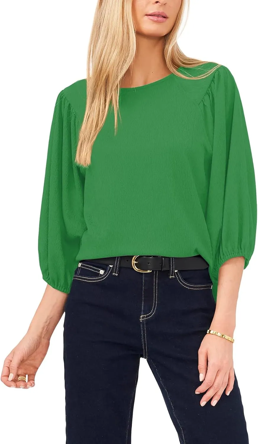 Allimy Women's Puff 3/4 Length Sleeve Dressy Casual Textured Tops and Blouses Dress Shirts