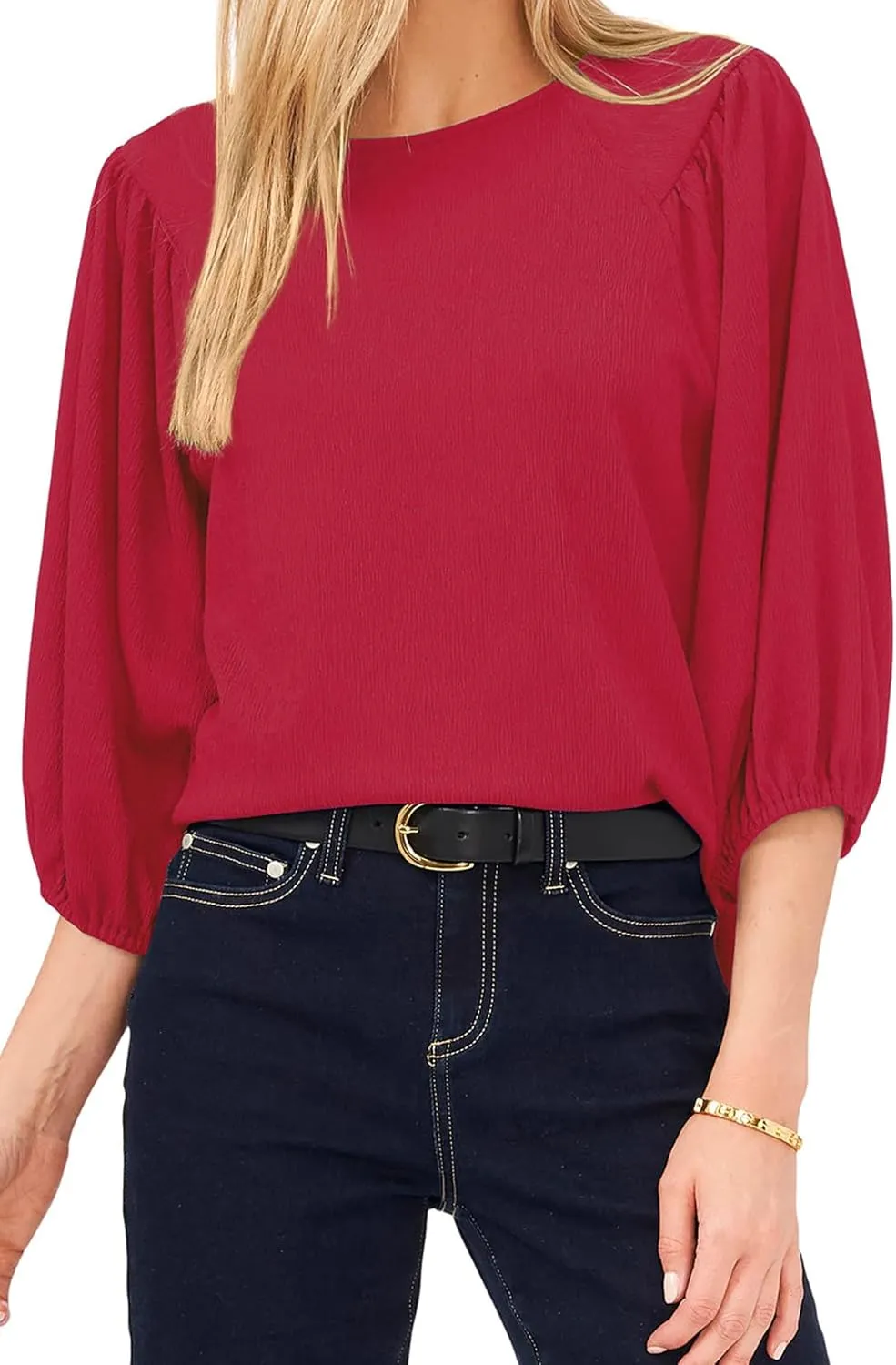 Allimy Women's Puff 3/4 Length Sleeve Dressy Casual Textured Tops and Blouses Dress Shirts