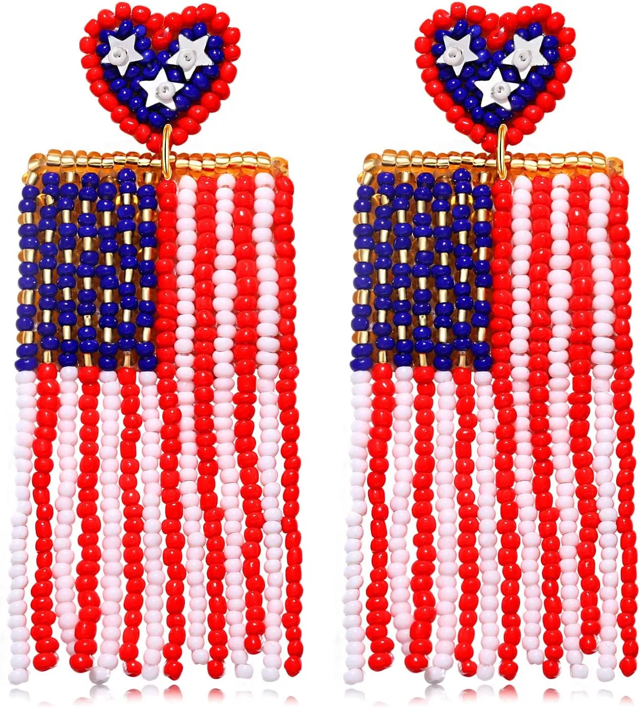 American Flag Earrings Beaded 4th of July Patriotic Earrings for Women Handmade USA Windmill Star Heart Drop Dangle Earrings Independence Day Jewelry Gifts