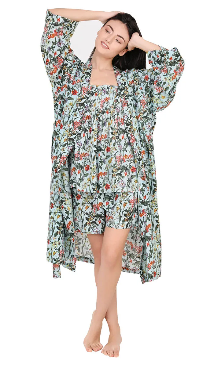 Arabella Sonia 100% Cotton Robe in Blue/Green Vibrant Floral MD-75F5
