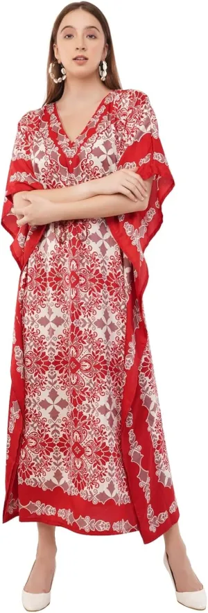 Art Of Creation Kaftan Dress Maxi Style Casual Kaftan Dressess for Women V-Neck 3/4 Sleeve Top Printed Free Size Gown