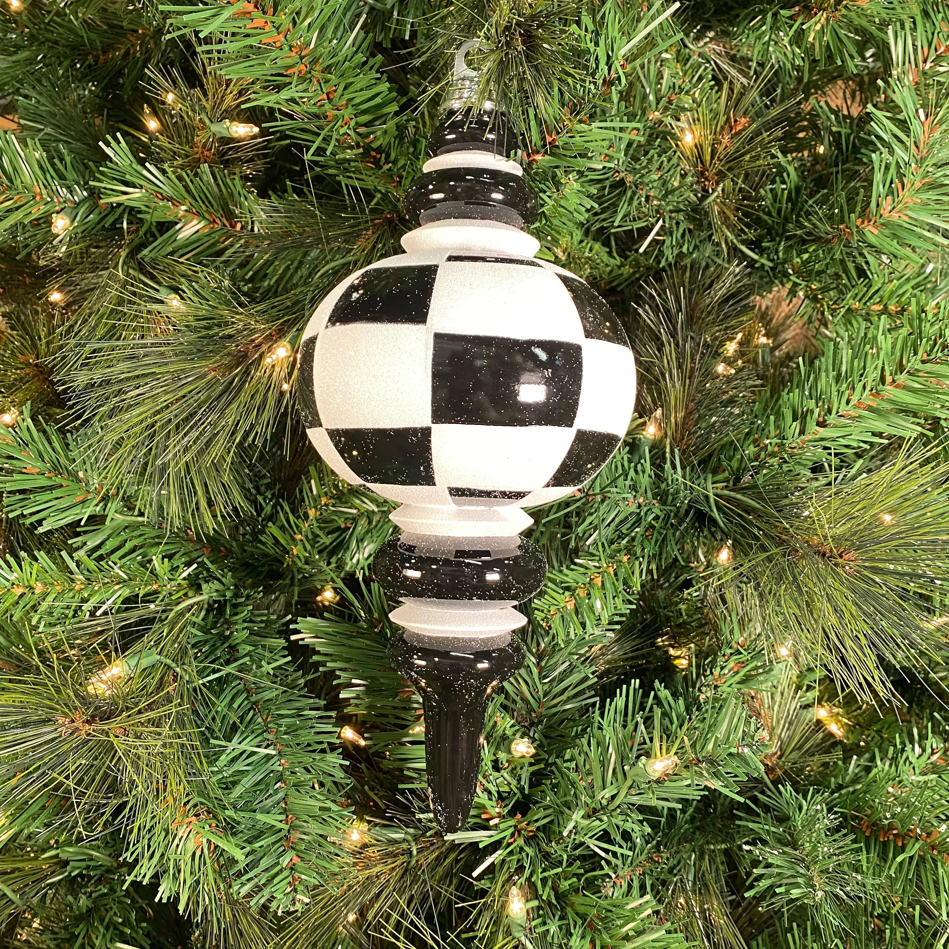Black and White Check Finial Ornament, 13"