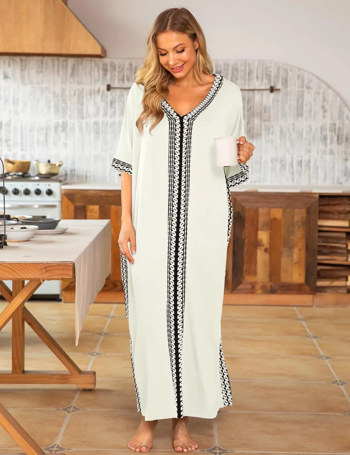 Bloggerlove Women Nightgowns Cotton Caftan House Dress Short Sleeve Sleepwear