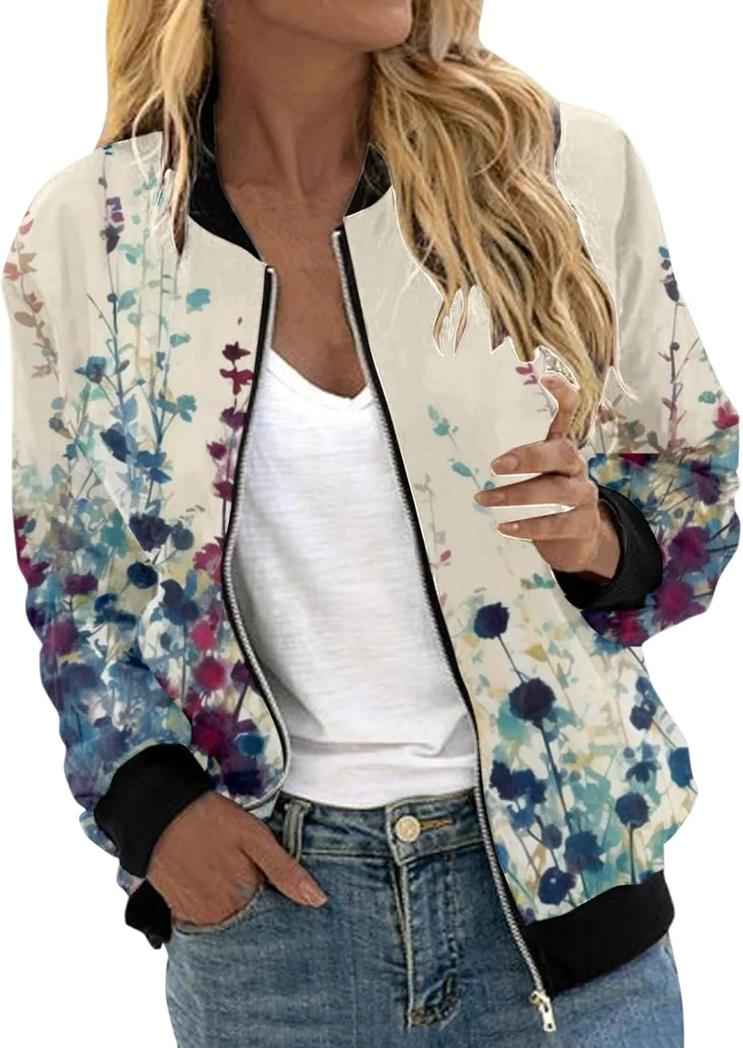 Bomber Jacket Women 2025 Casual Long Sleeve Zip Up Floral Outerwear Lightweight Trendy Fall Coats With Pockets