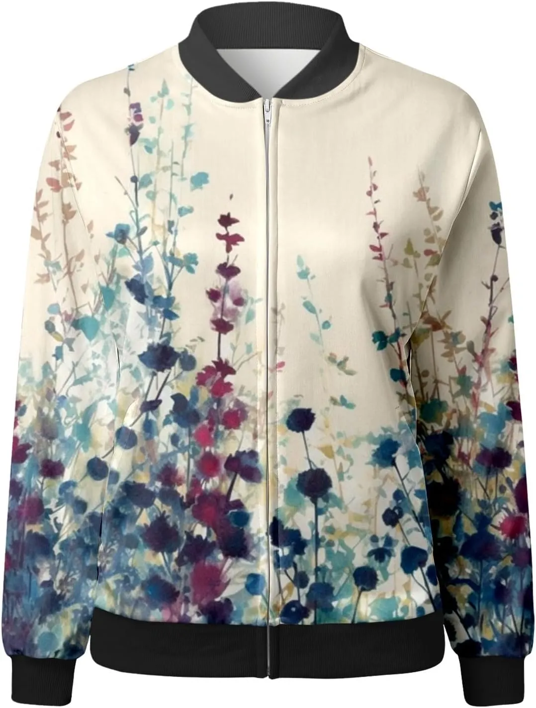 Bomber Jacket Women 2025 Casual Long Sleeve Zip Up Floral Outerwear Lightweight Trendy Fall Coats With Pockets