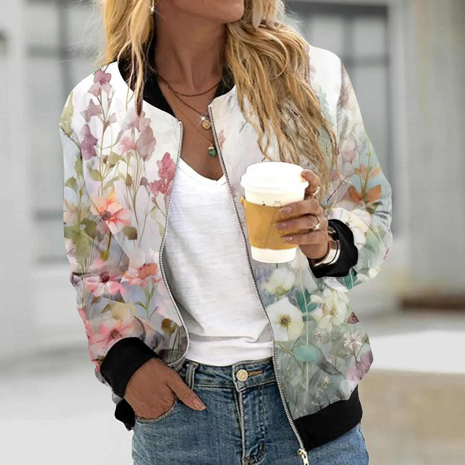 Bomber Jacket Women 2025 Casual Long Sleeve Zip Up Floral Outerwear Lightweight Trendy Fall Coats With Pockets