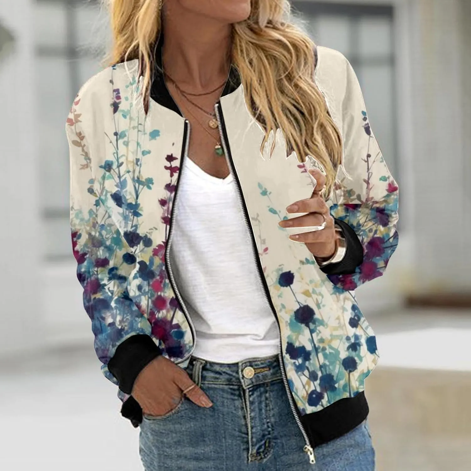Bomber Jacket Women 2025 Casual Long Sleeve Zip Up Floral Outerwear Lightweight Trendy Fall Coats With Pockets