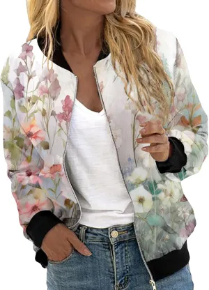 Bomber Jacket Women 2025 Casual Long Sleeve Zip Up Floral Outerwear Lightweight Trendy Fall Coats With Pockets