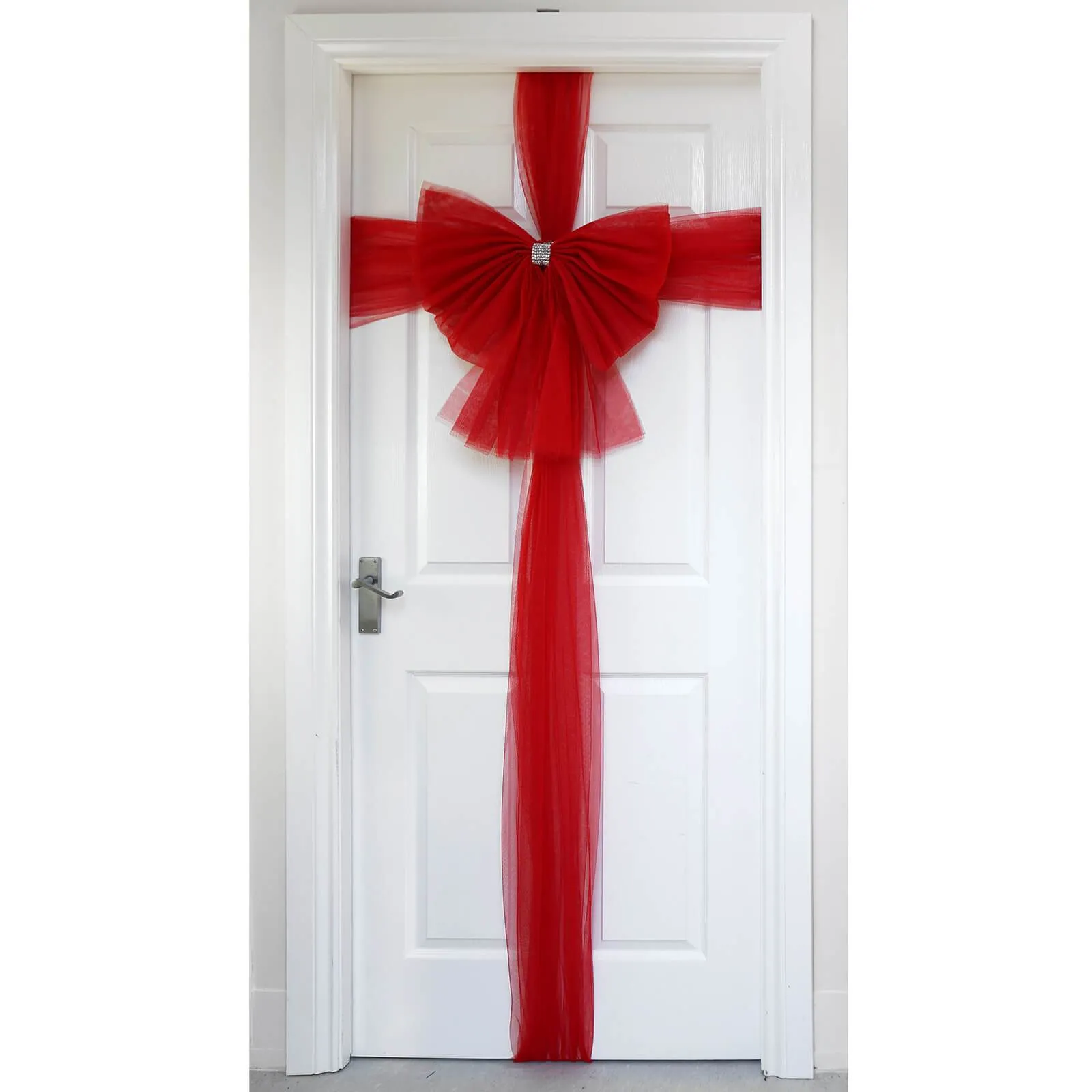 Christmas Door Bow Decoration Diamante Tie Red Silver
