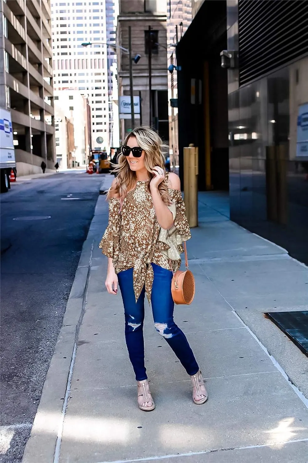 Chuanqi Womens Cold Shoulder Blouse Bell Sleeve Tie Knot Casual Summer Shirt Tops