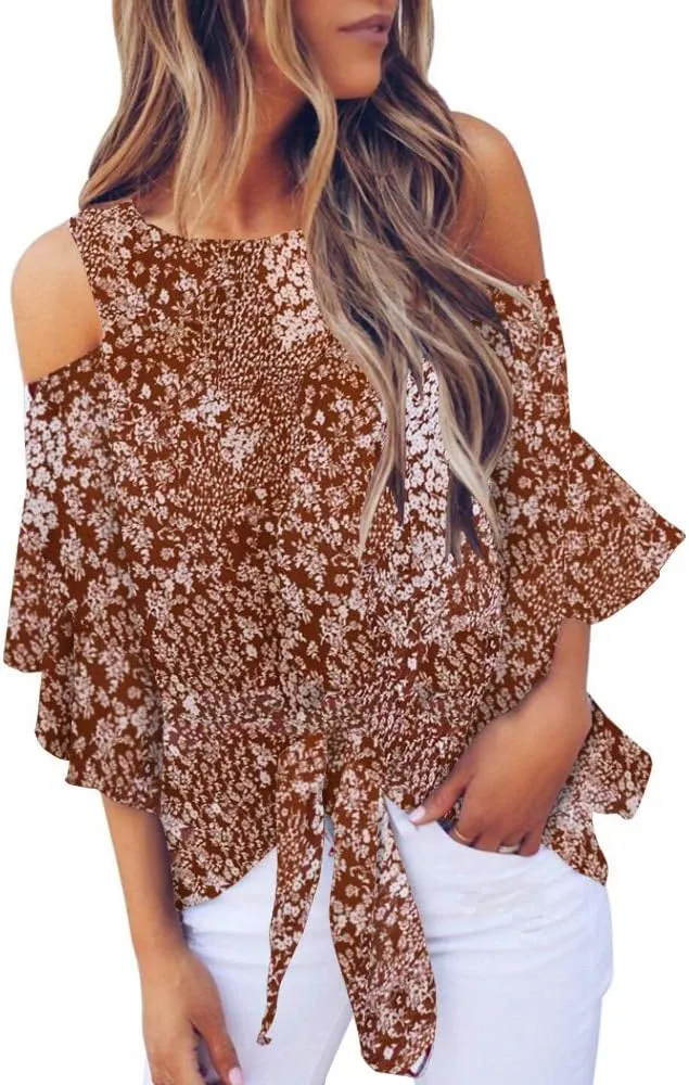Chuanqi Womens Cold Shoulder Blouse Bell Sleeve Tie Knot Casual Summer Shirt Tops