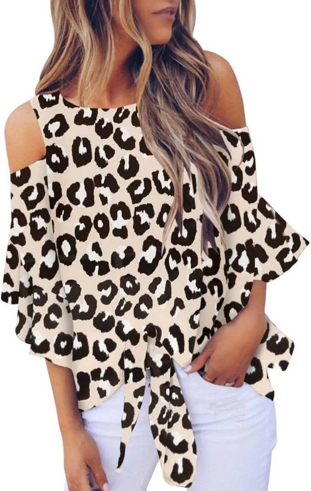 Chuanqi Womens Cold Shoulder Blouse Bell Sleeve Tie Knot Casual Summer Shirt Tops
