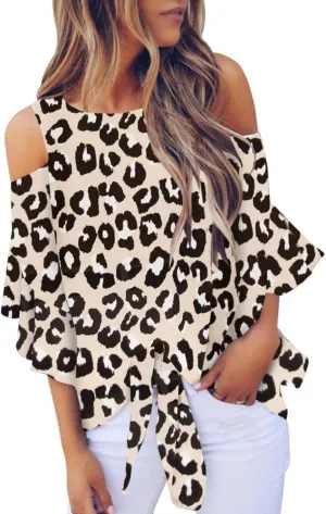 Chuanqi Womens Cold Shoulder Blouse Bell Sleeve Tie Knot Casual Summer Shirt Tops