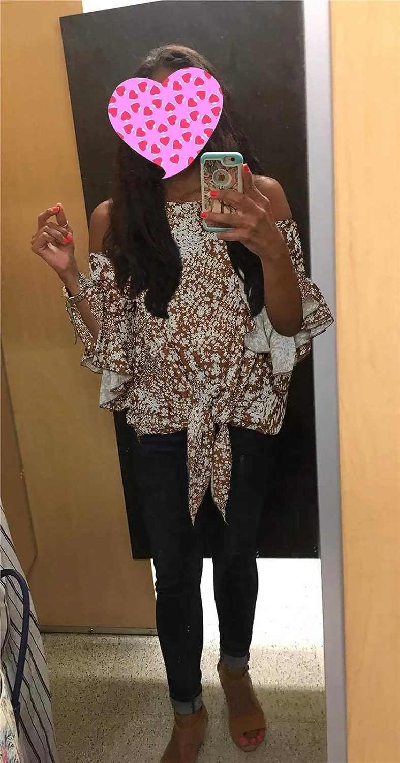 Chuanqi Womens Cold Shoulder Blouse Bell Sleeve Tie Knot Casual Summer Shirt Tops