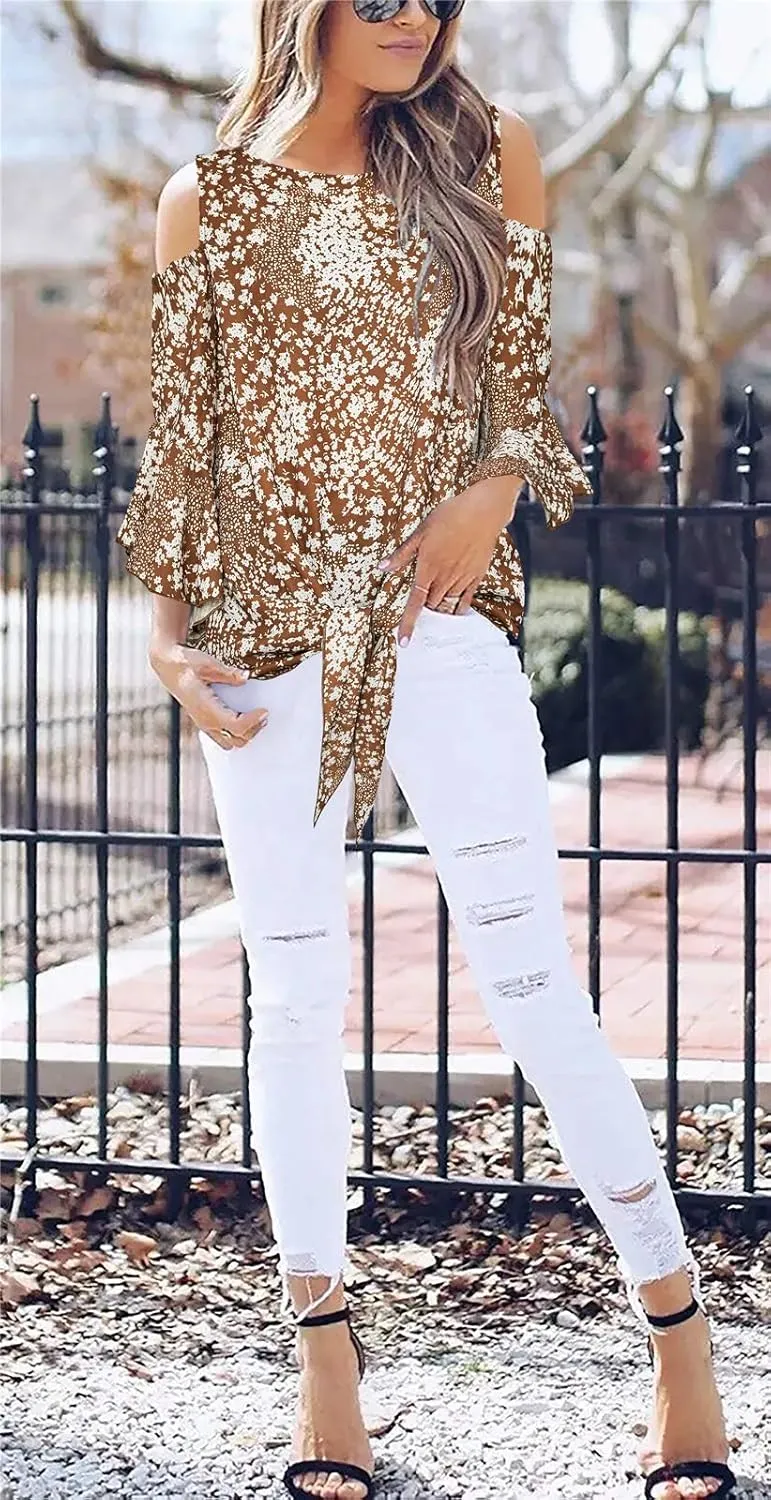 Chuanqi Womens Cold Shoulder Blouse Bell Sleeve Tie Knot Casual Summer Shirt Tops
