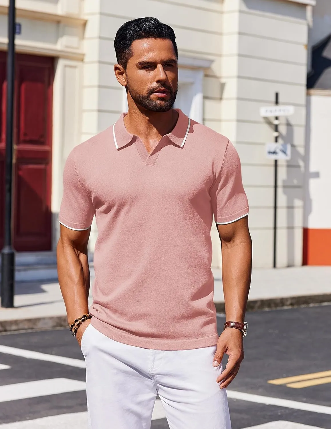 COOFANDY Mens Polo Shirts Short Sleeve Casual Knit Polo Shirt Vintage Golf T Shirts Old Money Tops