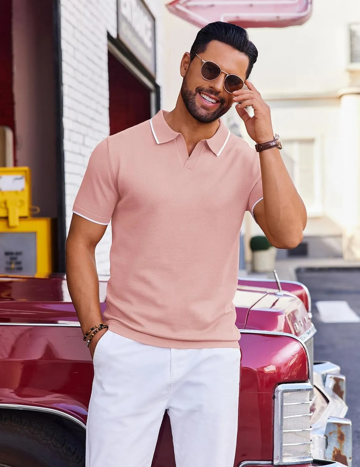 COOFANDY Mens Polo Shirts Short Sleeve Casual Knit Polo Shirt Vintage Golf T Shirts Old Money Tops