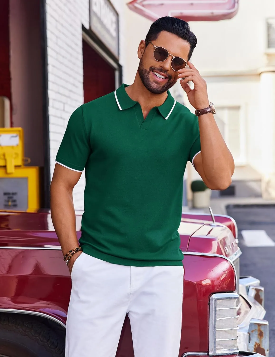 COOFANDY Mens Polo Shirts Short Sleeve Casual Knit Polo Shirt Vintage Golf T Shirts Old Money Tops