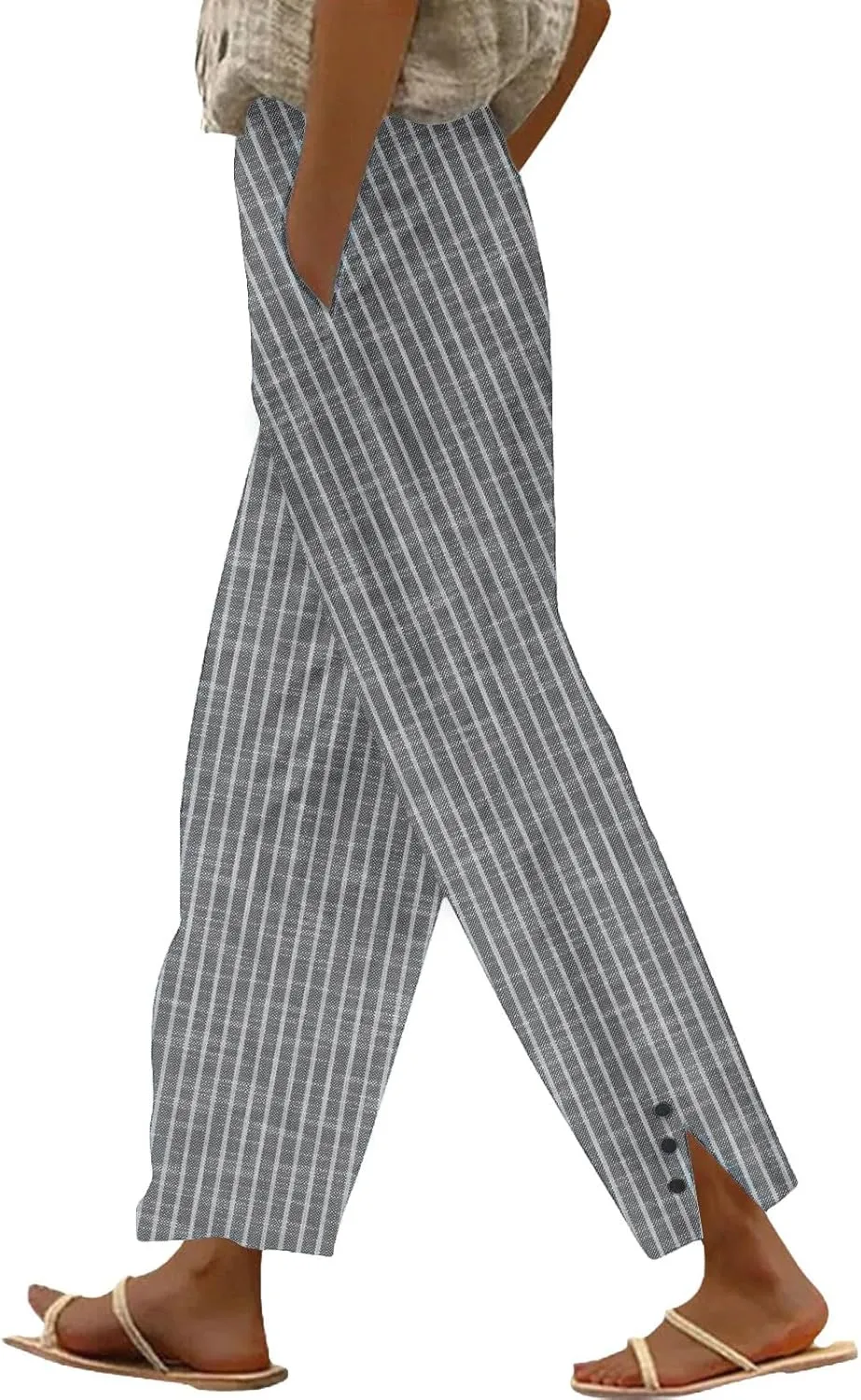 Cotton Linen Pants for Women Elastic High Waist Straight Leg Loose Comfy Summer Casual Slacks Trousers with Pockets