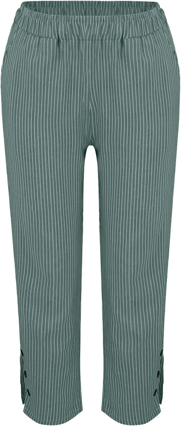 Cotton Linen Pants for Women Elastic High Waist Straight Leg Loose Comfy Summer Casual Slacks Trousers with Pockets