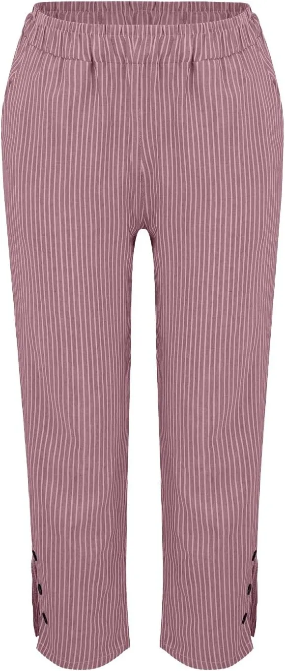 Cotton Linen Pants for Women Elastic High Waist Straight Leg Loose Comfy Summer Casual Slacks Trousers with Pockets