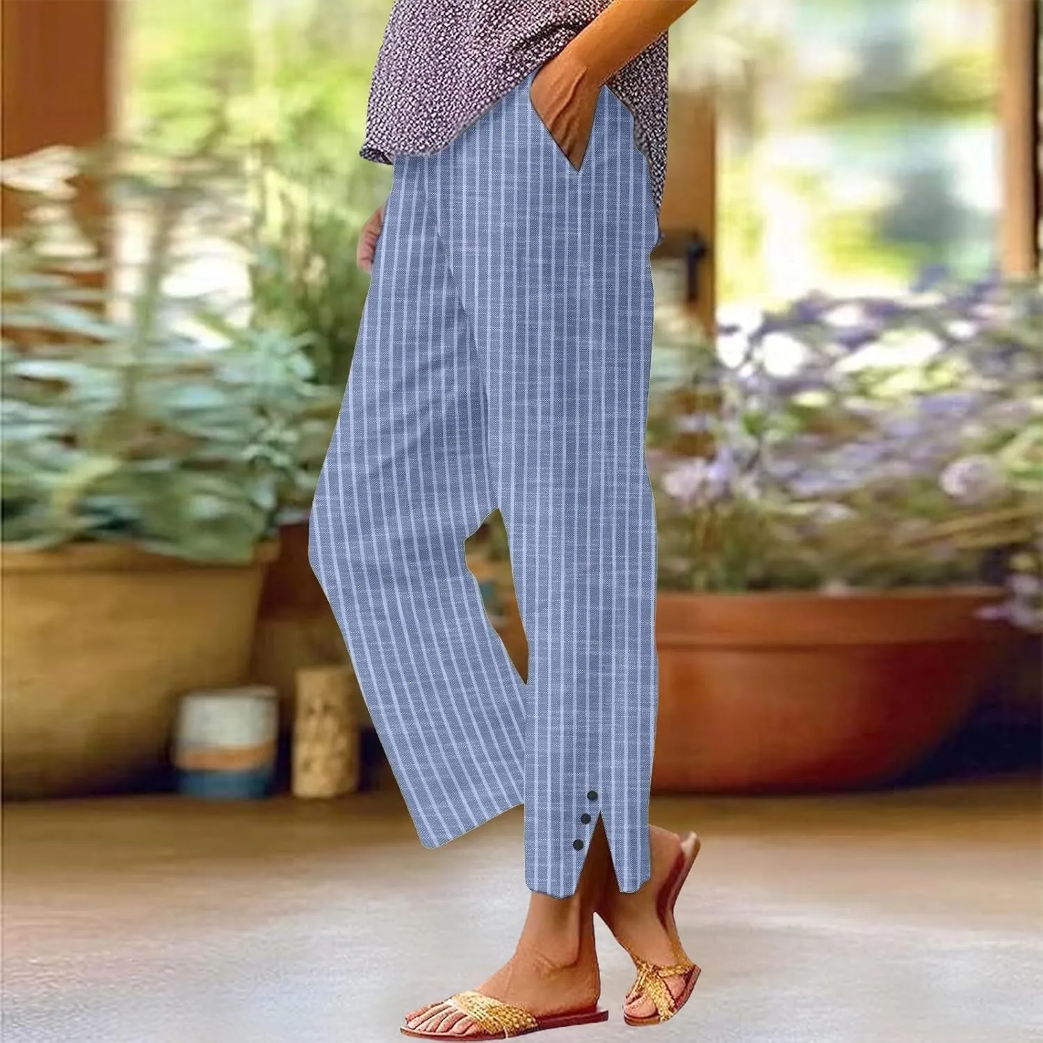 Cotton Linen Pants for Women Elastic High Waist Straight Leg Loose Comfy Summer Casual Slacks Trousers with Pockets
