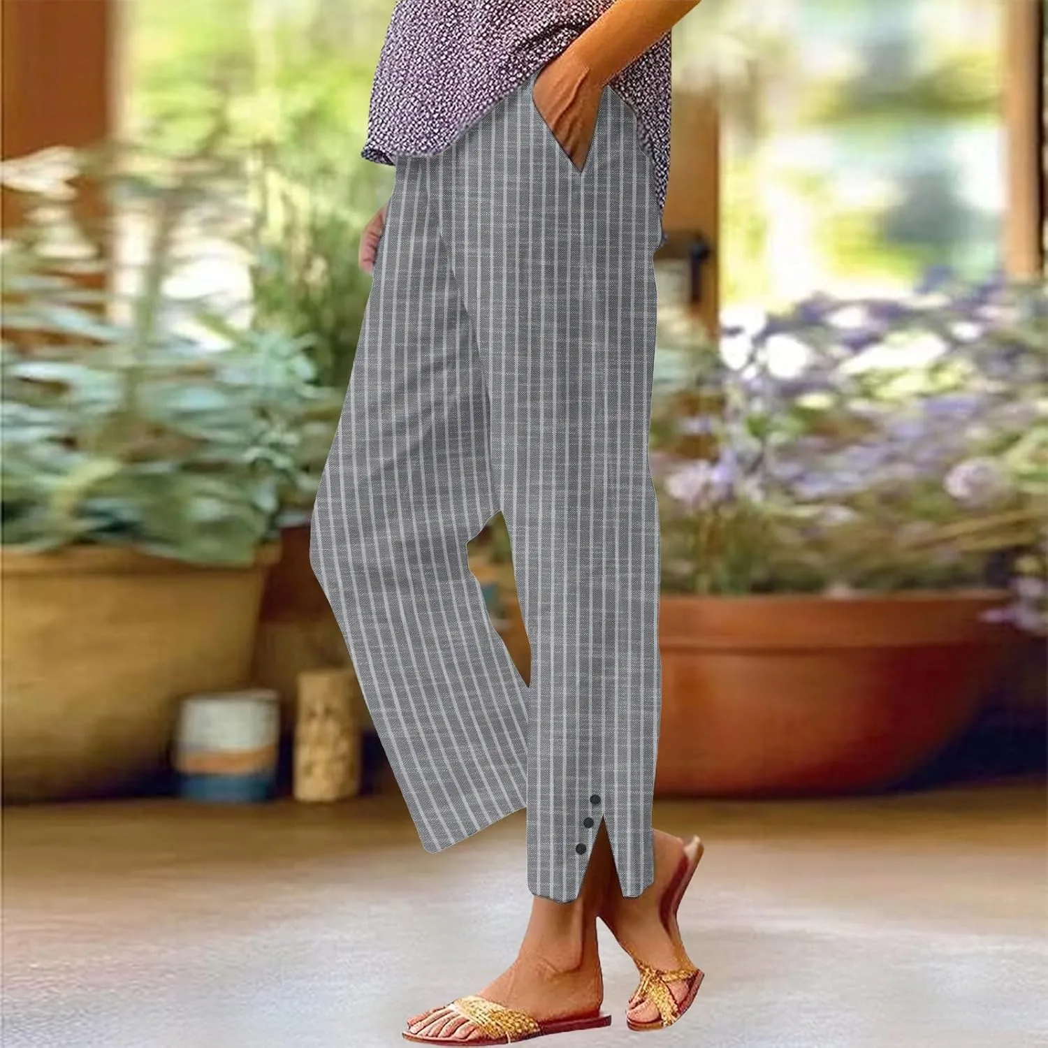 Cotton Linen Pants for Women Elastic High Waist Straight Leg Loose Comfy Summer Casual Slacks Trousers with Pockets