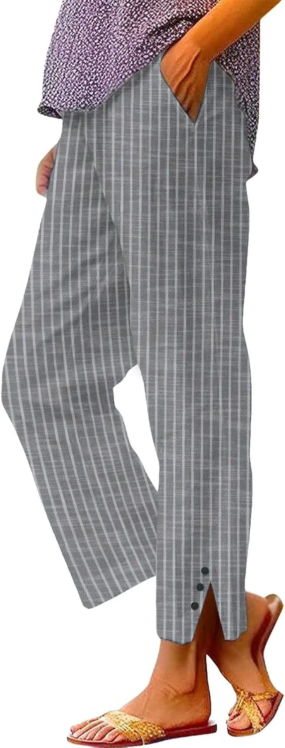 Cotton Linen Pants for Women Elastic High Waist Straight Leg Loose Comfy Summer Casual Slacks Trousers with Pockets