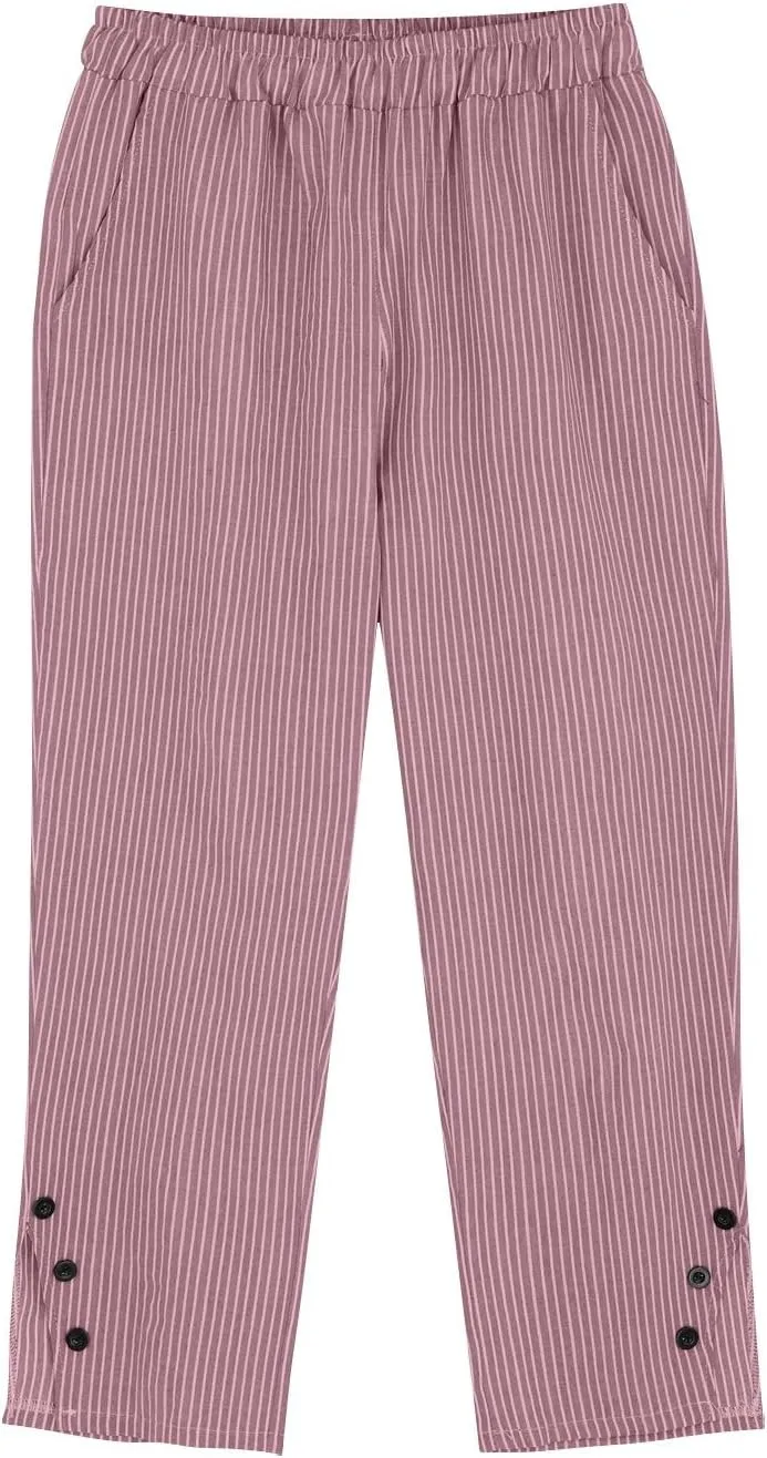 Cotton Linen Pants for Women Elastic High Waist Straight Leg Loose Comfy Summer Casual Slacks Trousers with Pockets