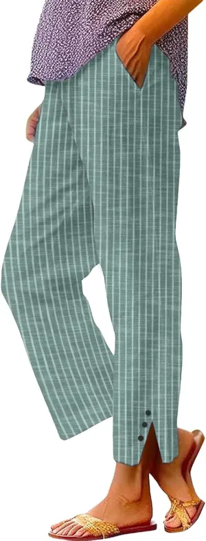 Cotton Linen Pants for Women Elastic High Waist Straight Leg Loose Comfy Summer Casual Slacks Trousers with Pockets