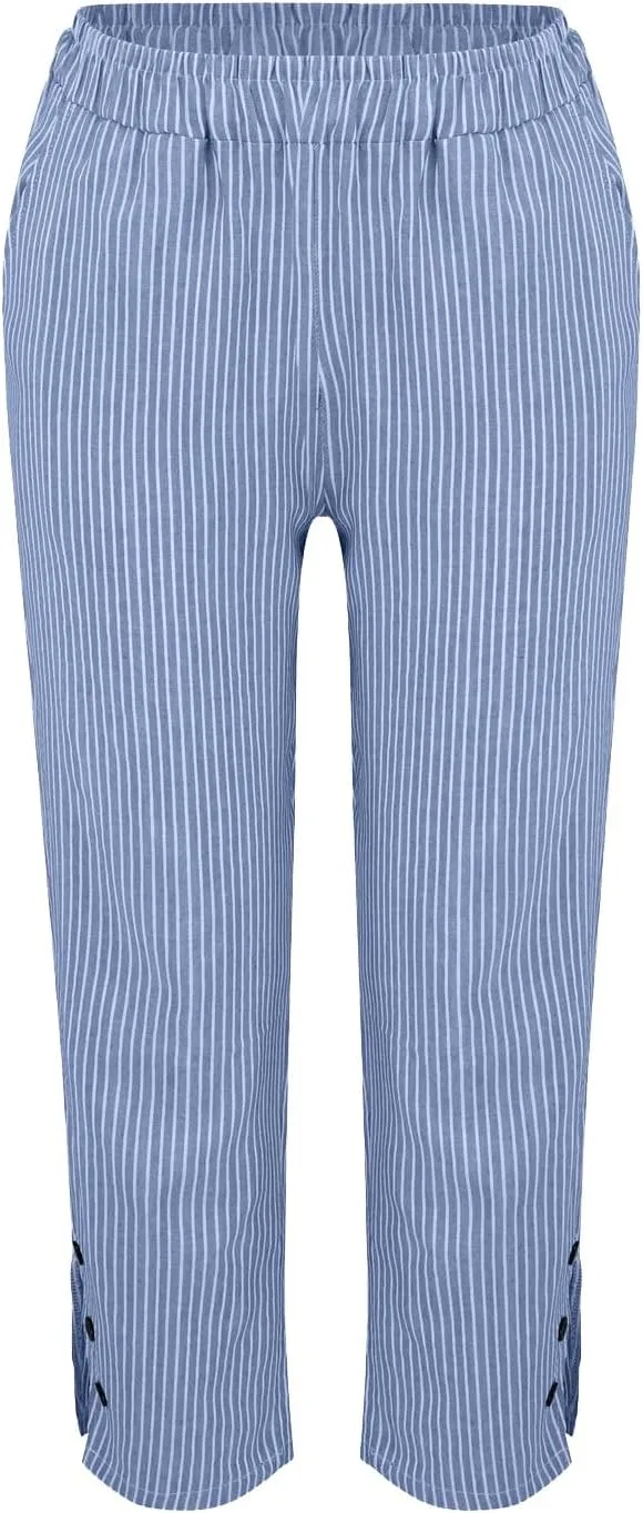 Cotton Linen Pants for Women Elastic High Waist Straight Leg Loose Comfy Summer Casual Slacks Trousers with Pockets