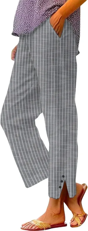 Cotton Linen Pants for Women Elastic High Waist Straight Leg Loose Comfy Summer Casual Slacks Trousers with Pockets