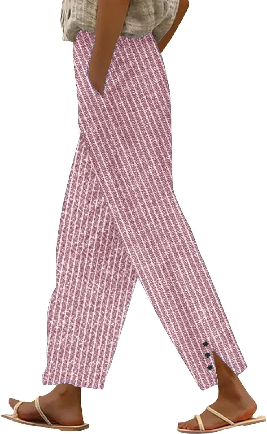 Cotton Linen Pants for Women Elastic High Waist Straight Leg Loose Comfy Summer Casual Slacks Trousers with Pockets