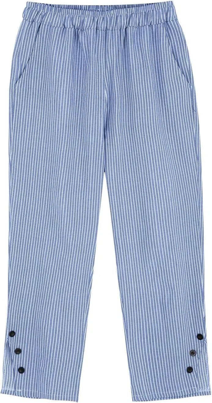 Cotton Linen Pants for Women Elastic High Waist Straight Leg Loose Comfy Summer Casual Slacks Trousers with Pockets