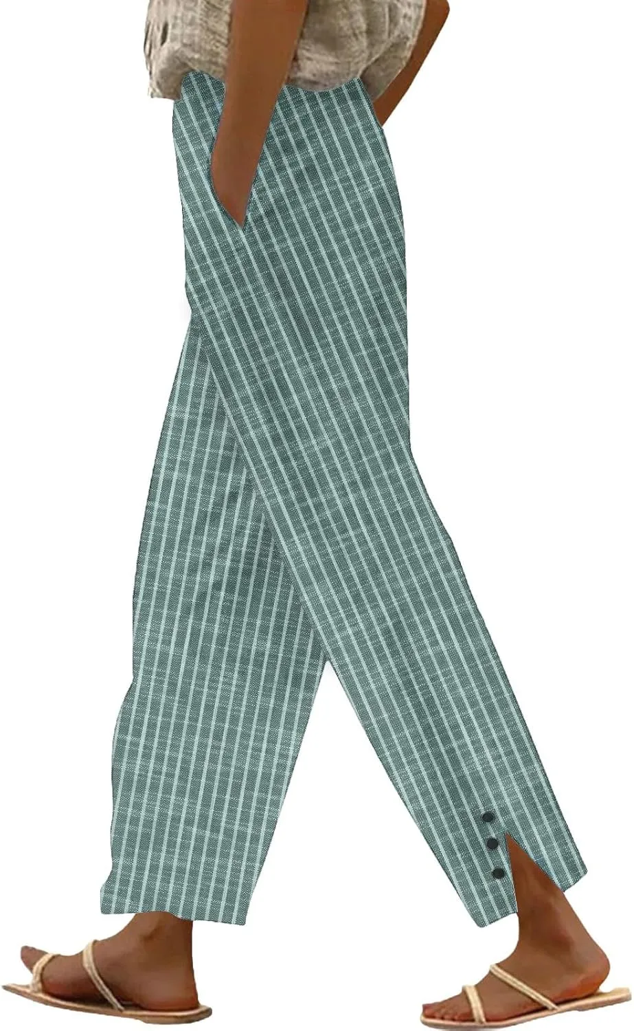 Cotton Linen Pants for Women Elastic High Waist Straight Leg Loose Comfy Summer Casual Slacks Trousers with Pockets