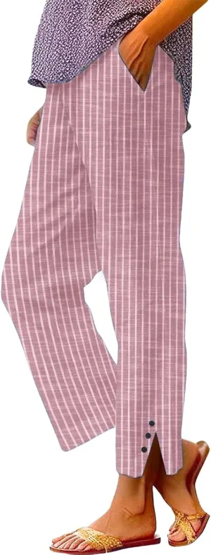 Cotton Linen Pants for Women Elastic High Waist Straight Leg Loose Comfy Summer Casual Slacks Trousers with Pockets